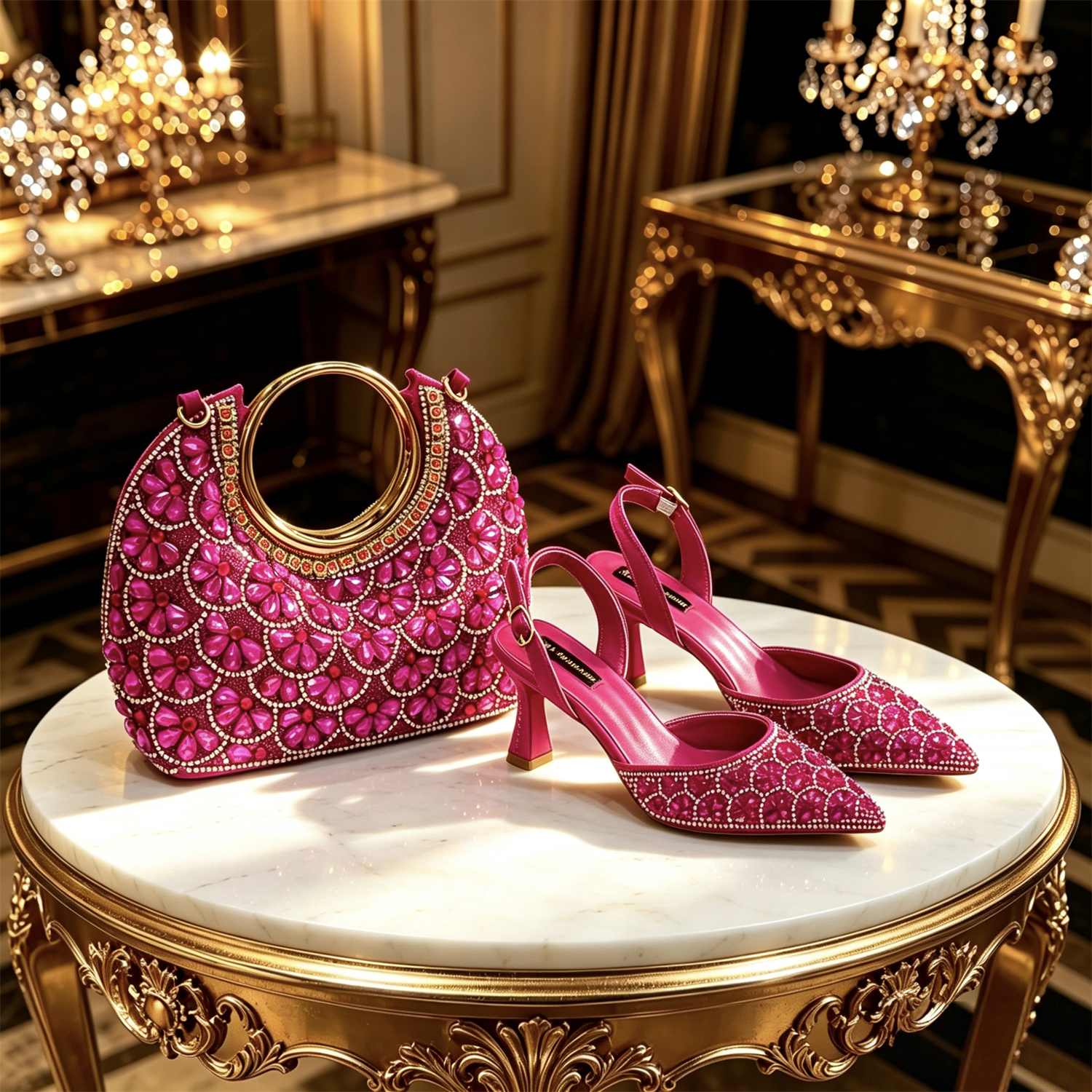 2026 INS Design Italiano Elegante: Sapatos de Salto Alto Fúcsia com Strass e Bico Fino, com Conjunto de Bolsa Combinando - Perfeito para Casamentos