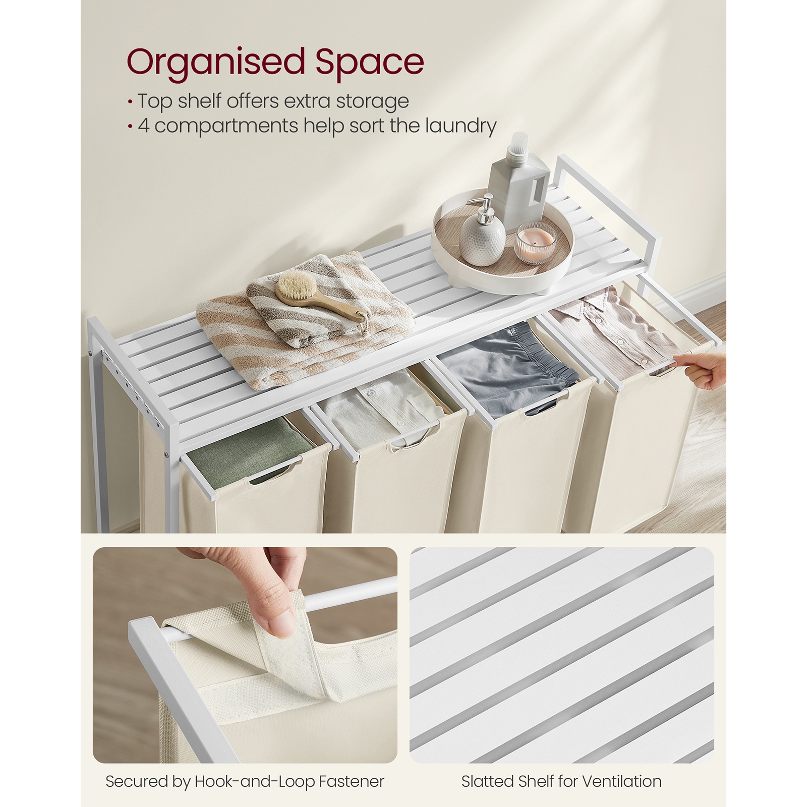 Wasmand Vasagle, Wasmand Met 4 Compartimenten, Uittrekbare En Verwijderbare Waszakken, Wassorteerder, Plank, Metalen Frame