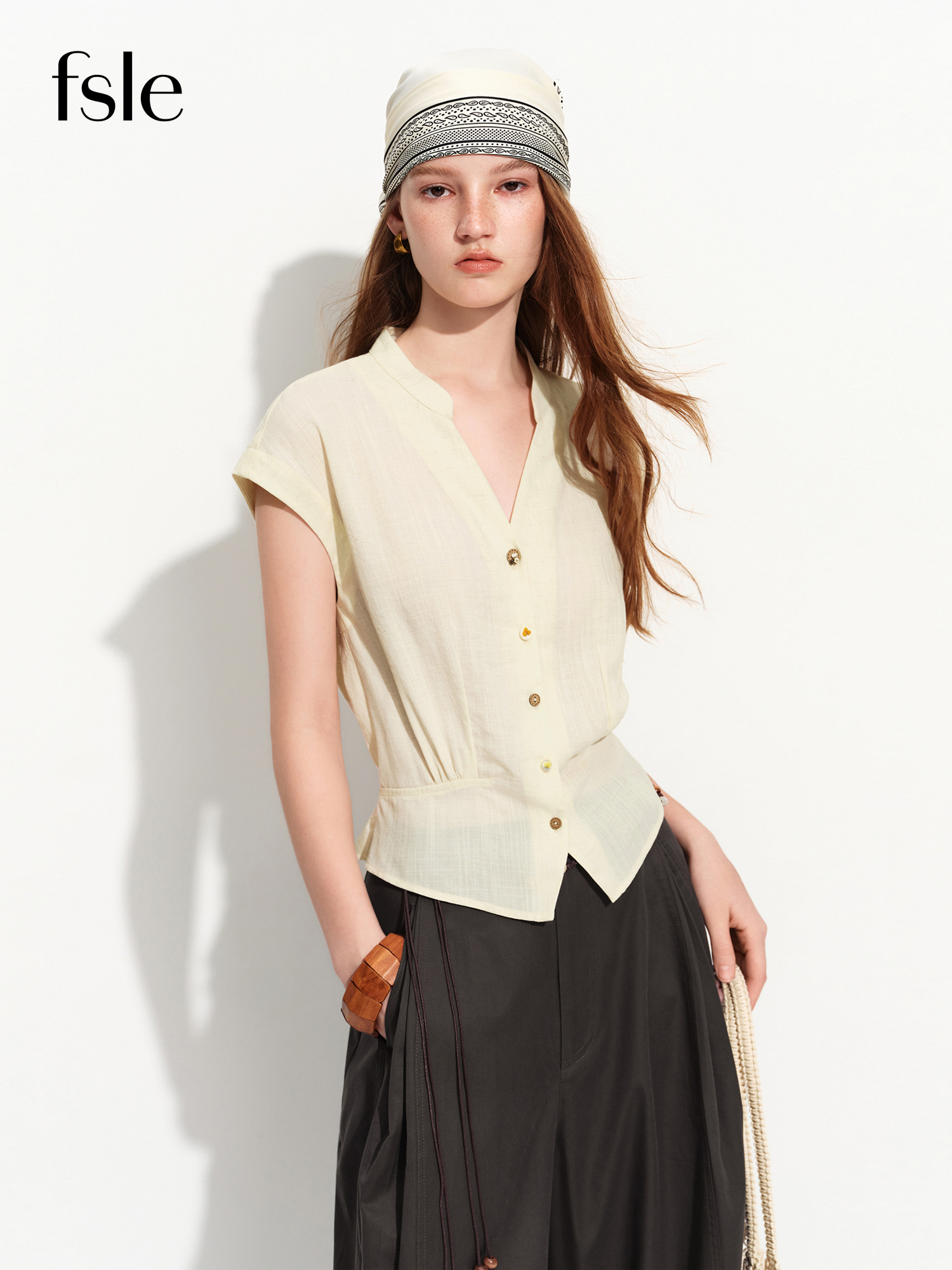 FSLE 2026 Zomerblouse voor dames van linnen met V-hals, capmouwen, ruitprint en taille-accentuerende pasvorm - Casual stijl voor dagelijks gebruik