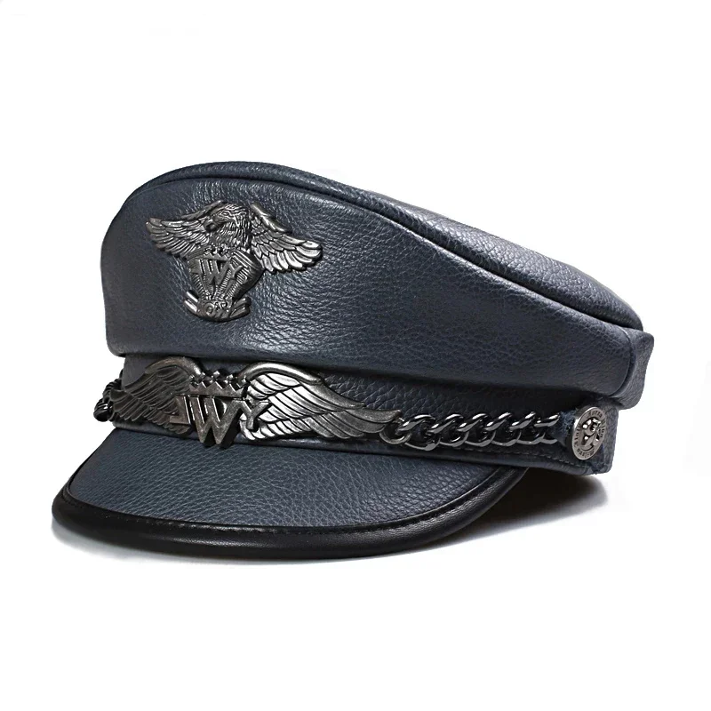 Gorra militar alemana Unisex para hombre, sombrero de copa plano de cuero auténtico, moda coreana, cadena con marca de águila, casqueta locomotora Punk para hombre