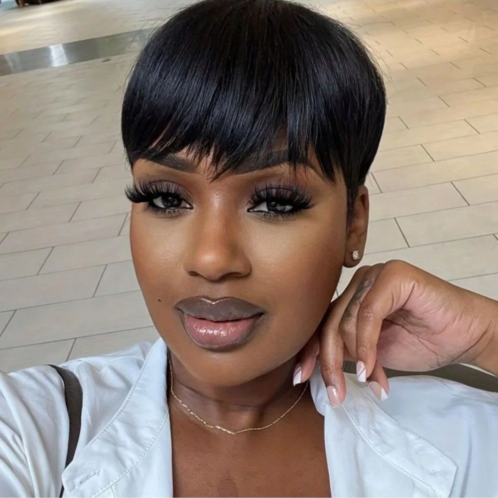 Peruca de cabelo humano preto natural, corte pixie curto, para mulheres negras, cabelo brasileiro remy, liso, totalmente feito à máquina, pré-modelado