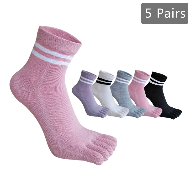1/5 Pairs Five Finger Socks Women Girl Striped Cotton Solid Sweat-Absorbing Soft Endurable Toe Short Socks Student 4 Seasons