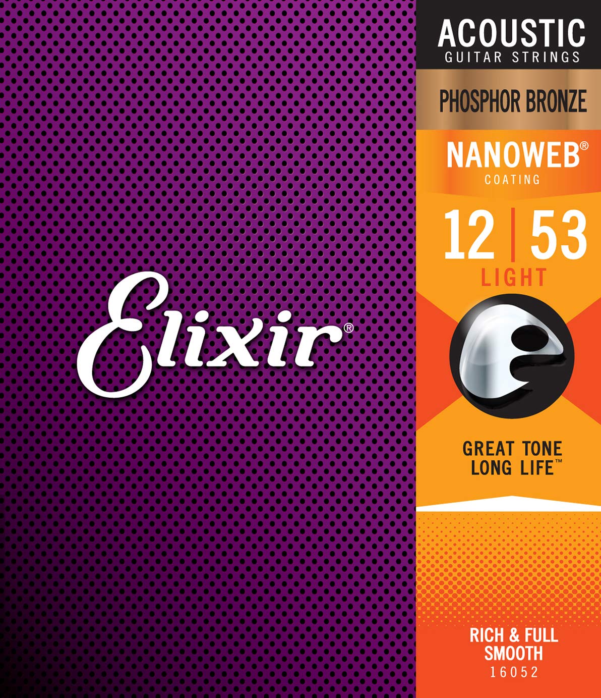 Струны для акустической гитары Elixir 16052 из фосфористой бронзы с покрытием NANOWEB, легкие (.012-.053) - 16052/162/16027