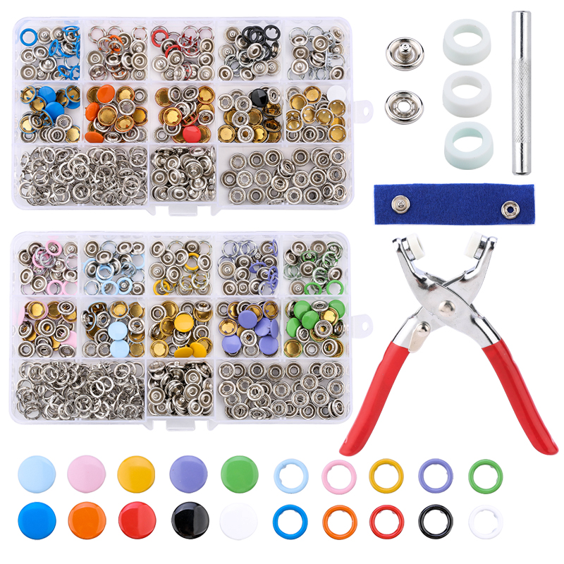 100/200 juegos de herramientas de kit de sujetadores a presión, anillos de botones a presión de metal con alicates de sujeción, kit de herramientas de prensa para costura de ropa, 10 colores
