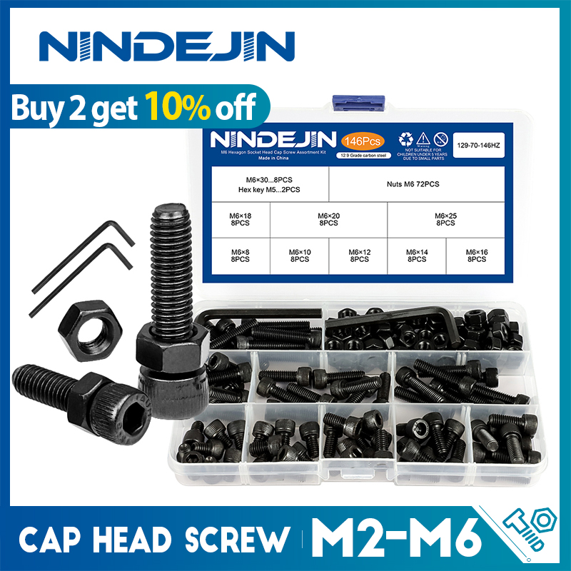 NINDEJIN Hex Hexagon Soket Kepala Topi Sekrup Nut 12.9 Baja Karbon Kelas M2 M2.5 M3 M4 M5 M6 Sekrup Set baut dan Mur Bermacam Kit