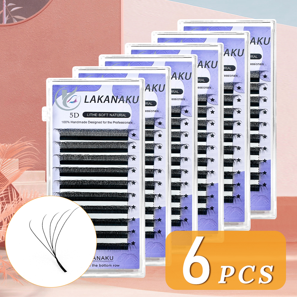 LAKANAKU Fio 5W extensión de pestañas en forma 6 bandejas volumen Egipcio suave Individual prefabricado volumen Fans Cilios pestañas