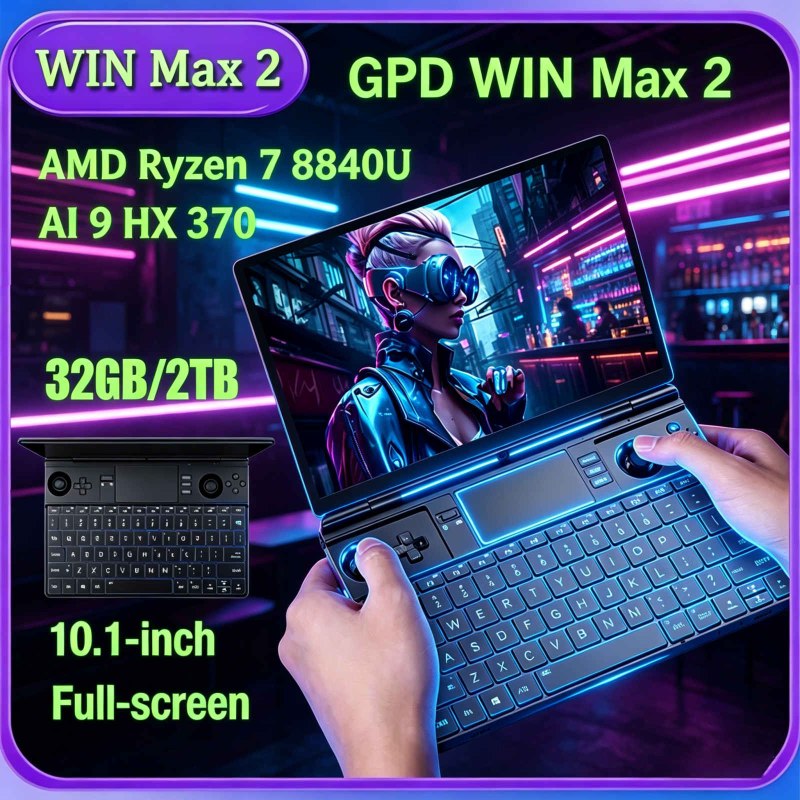 Portátil 2 en 1 Palm Size GPD Pocket4 2026 Premium AMD AI 9 HX 370/8840U 64GB 2TB NVMe 8.8" 144Hz
