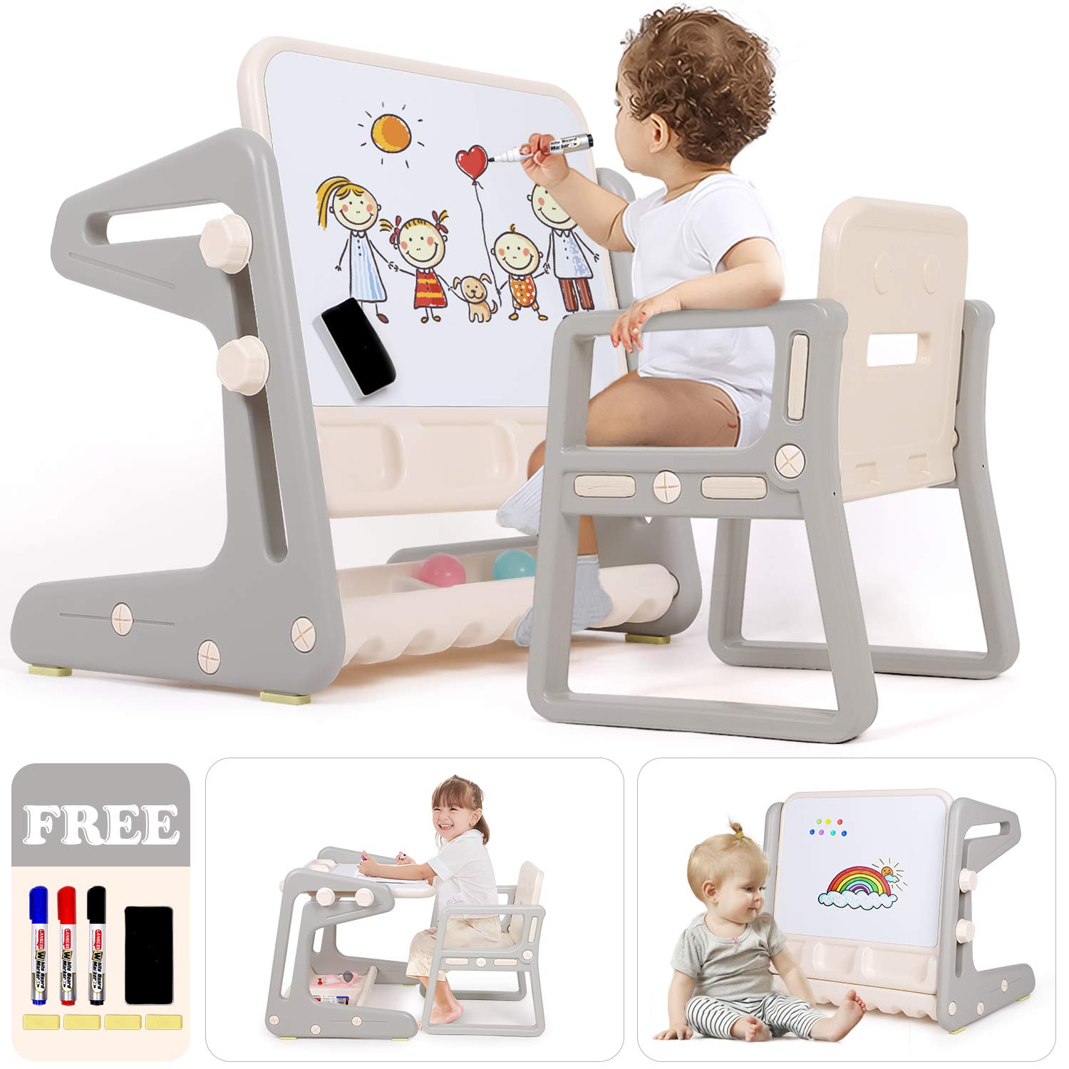 Kids Table and Chairs, 3-in-1 Activity & Study Table with Chairs, Convertible Kids Art Easel