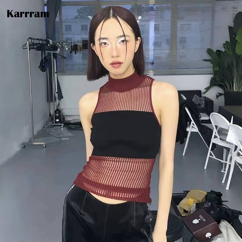 Karrram-Camiseta sin mangas japonesa Y2k Kint, Top corto de punto con estética Grunge, Tops de tubo Harajuku Vintage de los años 2000