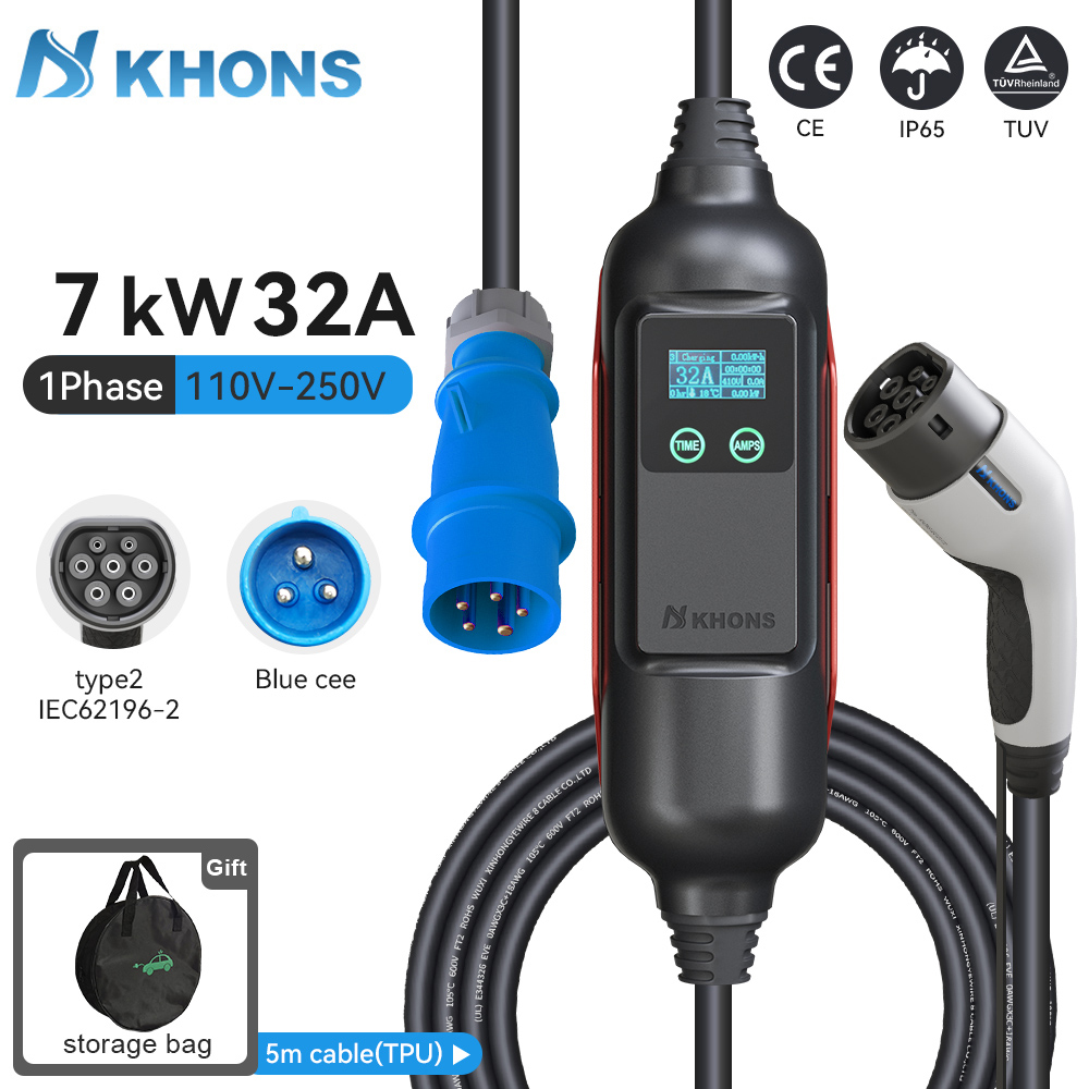 Cargador portátil Khons EV Type2 7kw cargador de coche eléctrico estuche de carga 32A Cable cargador de coche eléctrico monofásico
