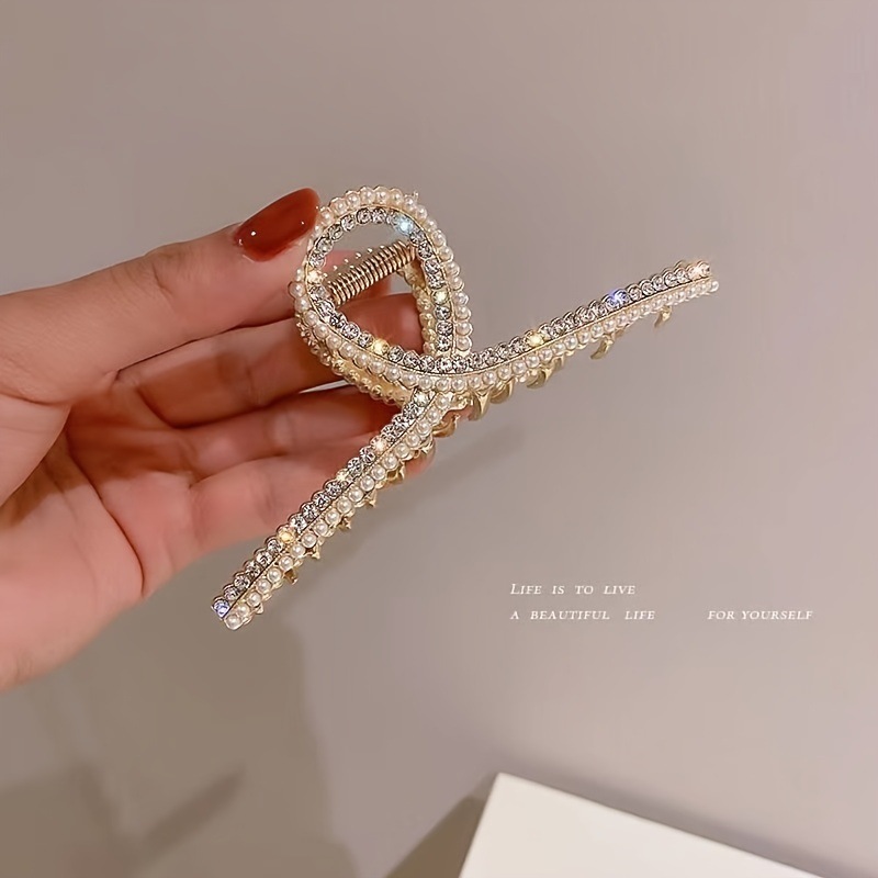 Garra de cabelo de metal antiderrapante para mulheres, placa de diamante de pérola, grampo de tubarão grande, grampo de cabelo caranguejo