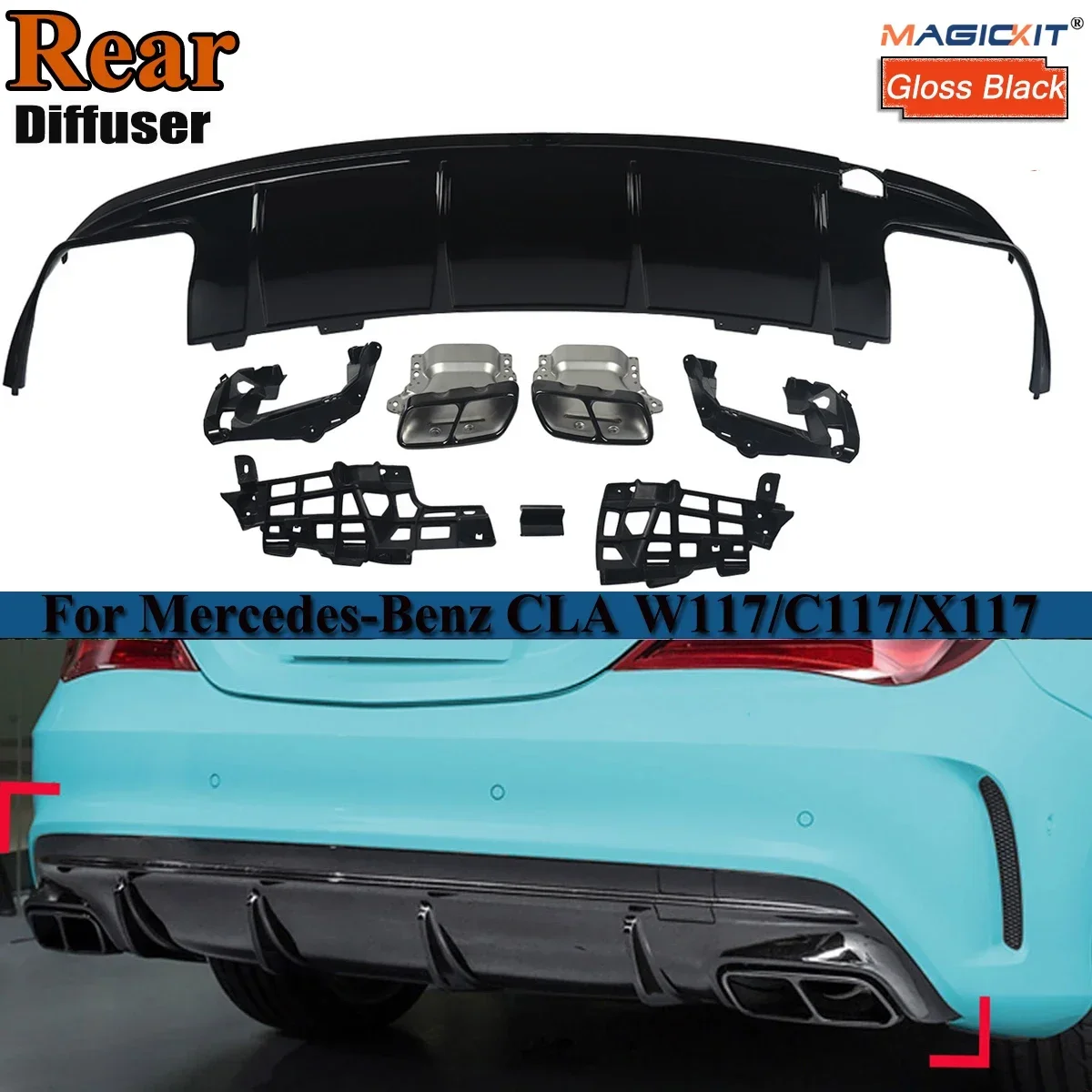 Czarny tylny dyfuzor z końcówkami wydechu do Mercedes Benz C117 W117 CLA200 CLA260 CLA45 AMG 2012-2018 Zderzak Płyta osłaniająca