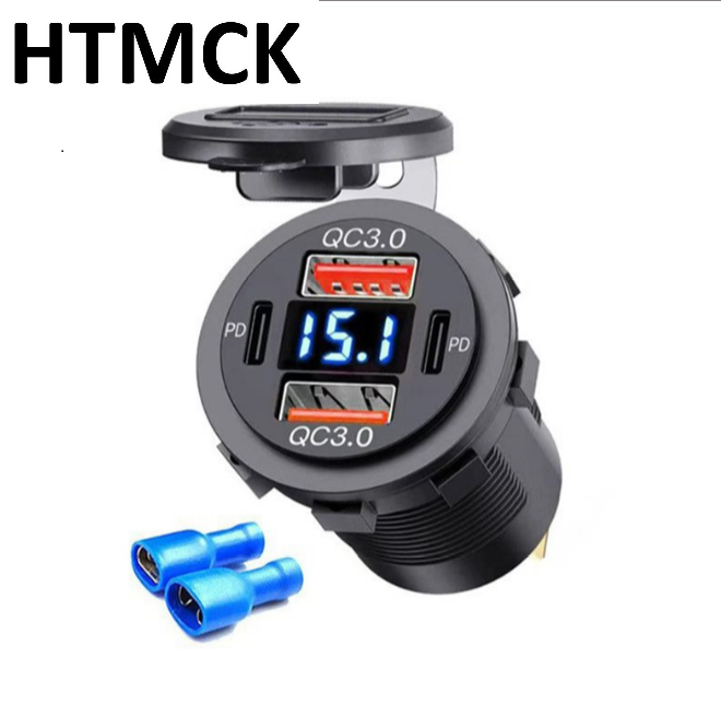 Carregador USB Duplo PD QC3.0 96W para Carro e Moto com Voltímetro, Tomada de Energia à Prova d'Água para Carros, Barcos, Caminhões e Motos 12V/24V