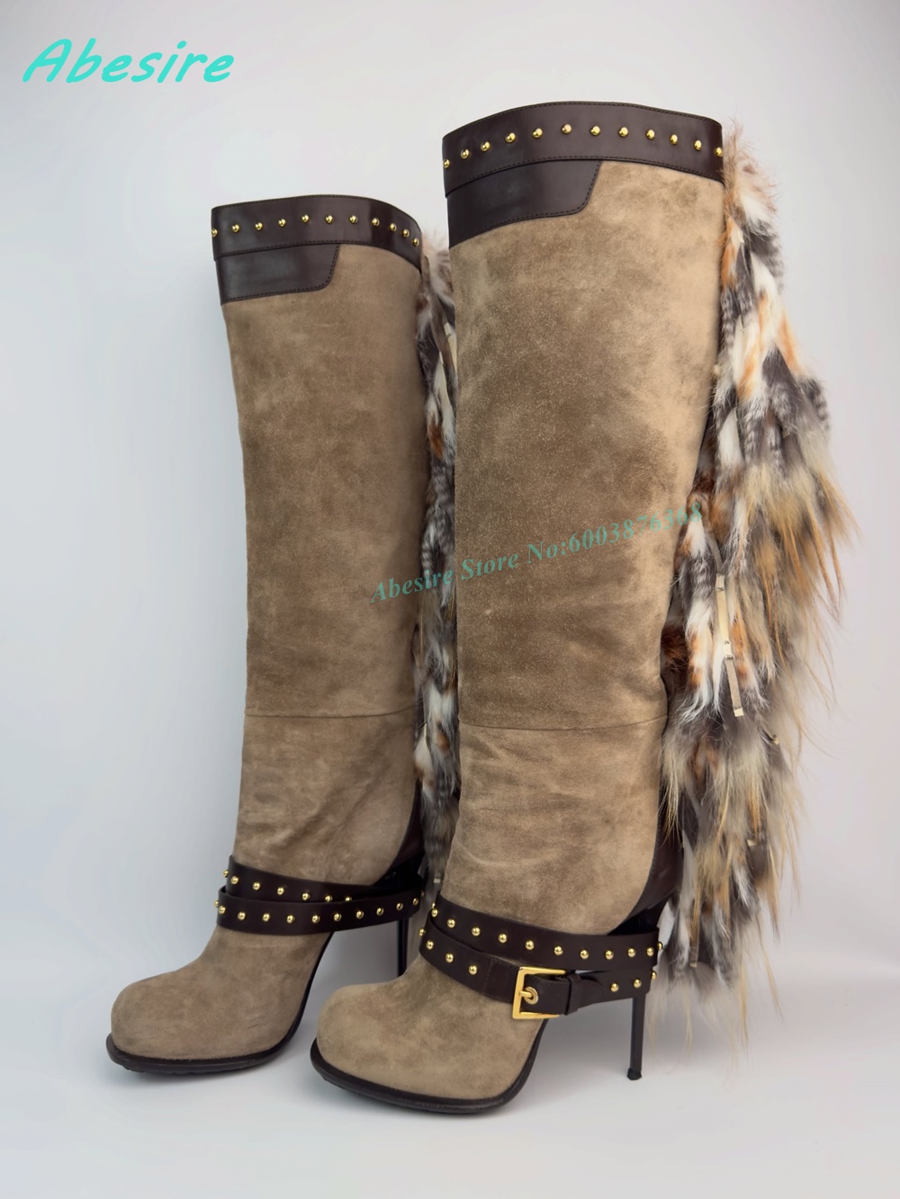 Botas Femininas Over-the-Knee de Camurça com Franjas de Pele, Rebites Dourados e Salto Agulha, Estilo Casual Western Cowgirl para Festa, Novas