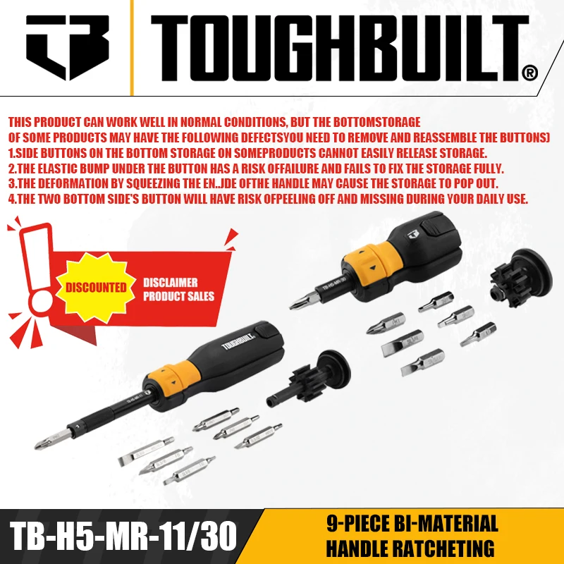 TOUGHBUILT Defectos en ofertas especiales TB-H5-MR-11/TB-H5-MR-30 Herramientas manuales de destornillador de trinquete con mango bicatería de 9 piezas