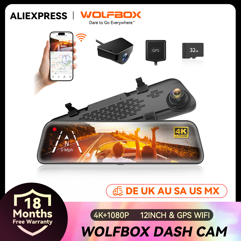 WOLFBOX-Cámara de salpicadero G840S de 12 "IPS, 4K, grabadora de vídeo GPS, visión nocturna, cámaras duales HD, Monitor de estacionamiento Dvr para coche