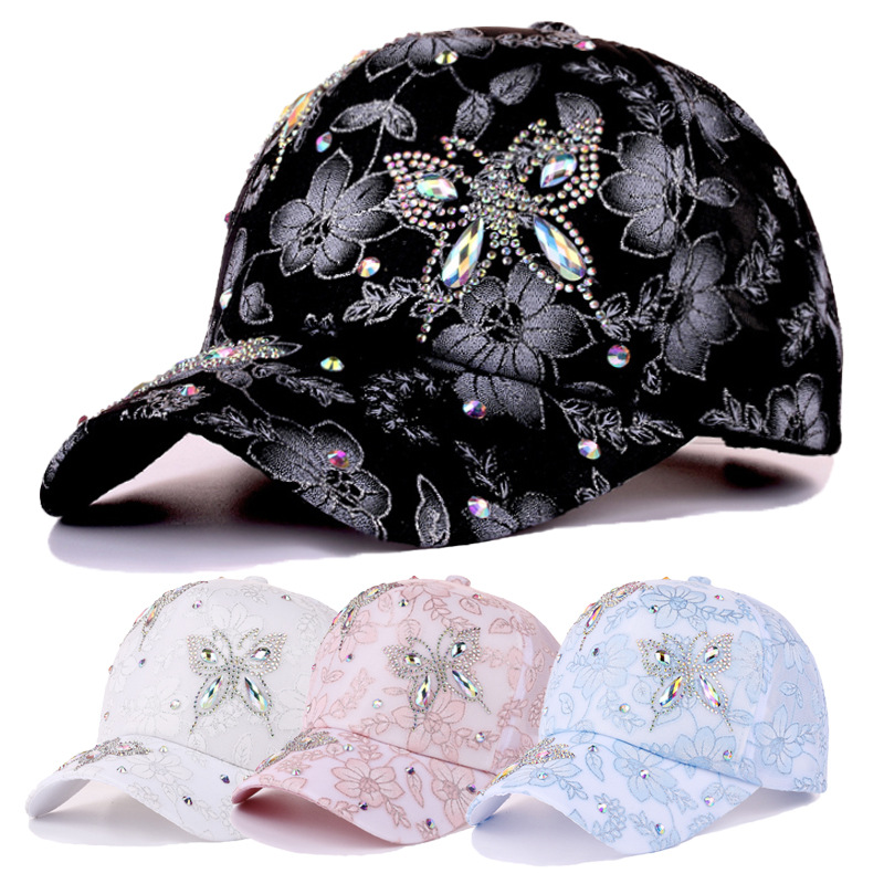 Gorra de béisbol para mujer, flor, mariposa, encaje de diamantes de imitación, sombrilla transpirable, ala curvada, gorra de moda, fiesta de baile callejero, informal, nuevo