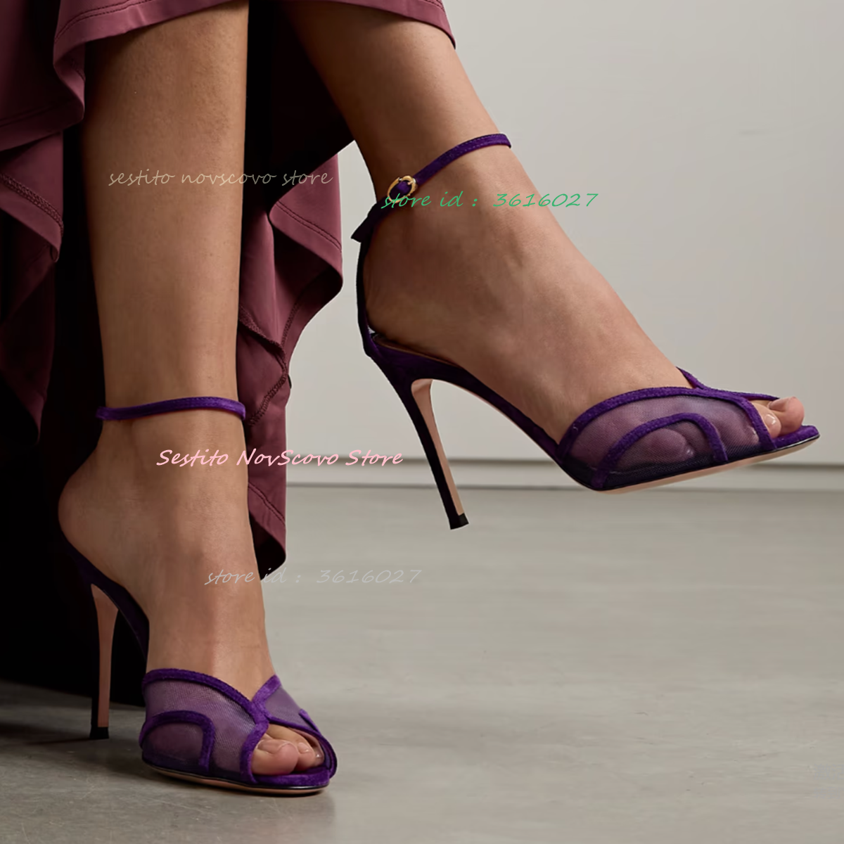 Paars Mesh en Suède Sandalen Peep Toe Enkelbandjes Gesp Sexy Vrouwen Ondiepe Pompen Stiletto Hoge Hakken Dames Feestjurk Schoenen