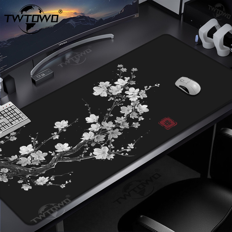 Alas Mouse Hitam dan Putih Bunga Sakura Jepang Permintaan Cetak Gamer Alas Mouse Kustom Baru XXL Alas Keyboard Karpet Alas Mouse