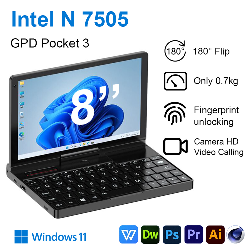 GPD Pocket 3 Mini portátil portátil 8 pulgadas Intel Pentium Gold 7505 Notebook 16GB LPDDR4 * 3733 MHz NVMe 180 ° plegar portátiles de negocios