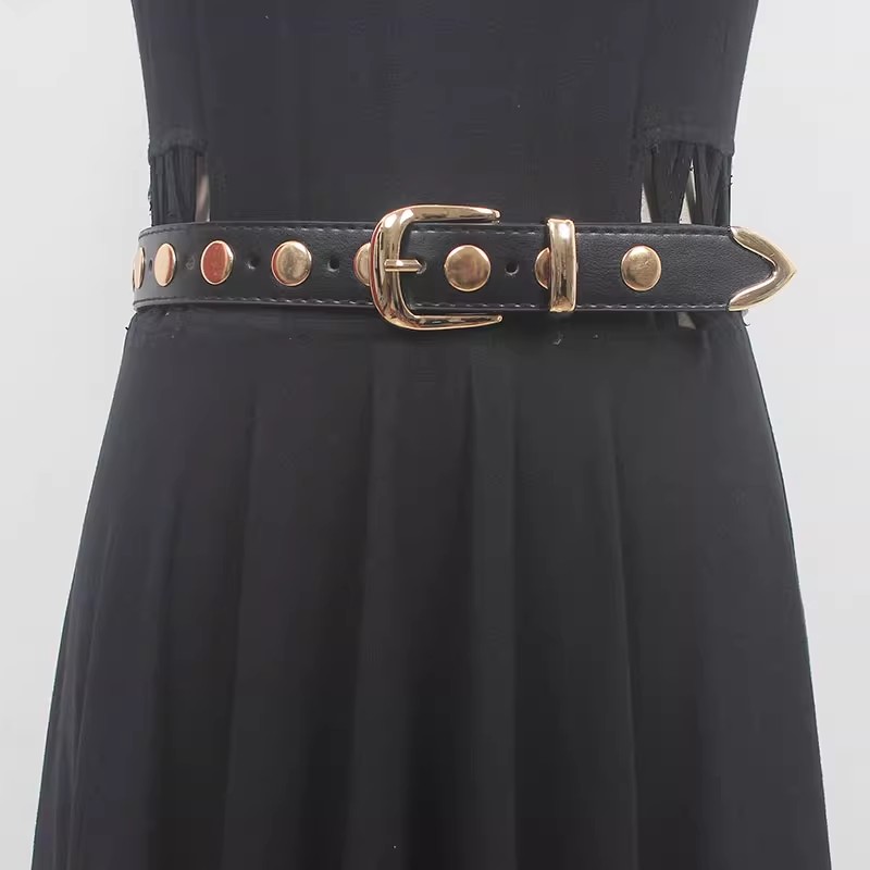 Faja con remaches de cuero PU a la moda de pasarela para mujer, corsés para vestido femenino, cinturones de decoración, cinturón estrecho R488
