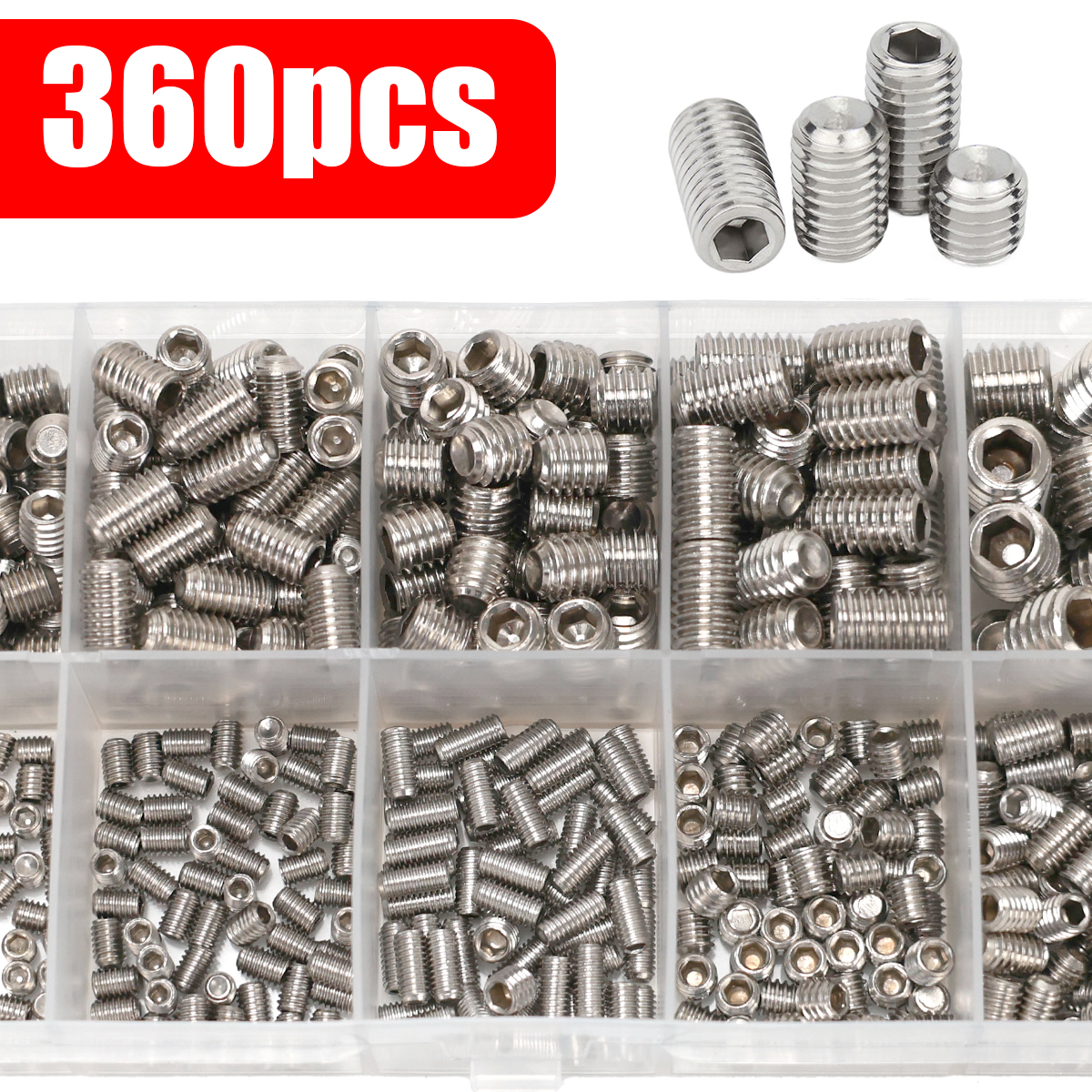 Conjunto de 360 peças de parafusos sextavados sem cabeça em aço inoxidável - Parafusos sextavados M3/M4/M5/M6/M8, parafusos numéricos, parafusos de máquina