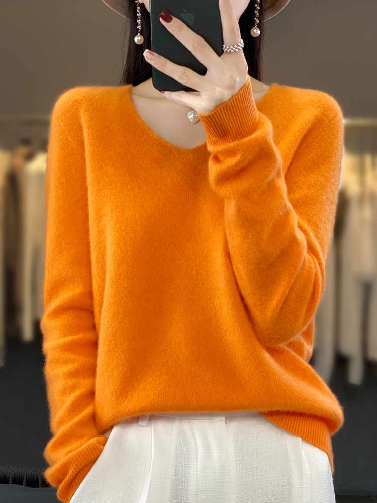 Aliselect-suéter de lana merina para mujer, jersey básico de manga larga con cuello en V, ropa de punto, Tops de primavera, otoño e invierno, 100%