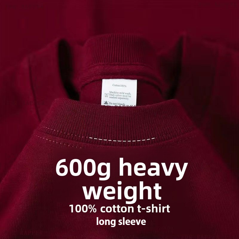 600G/㎡ Long-sleeved T-shirt Men's American Bundle Bottoming Shirt with Small Neckline Loose Pure Cotton Green Autumn Top Men's