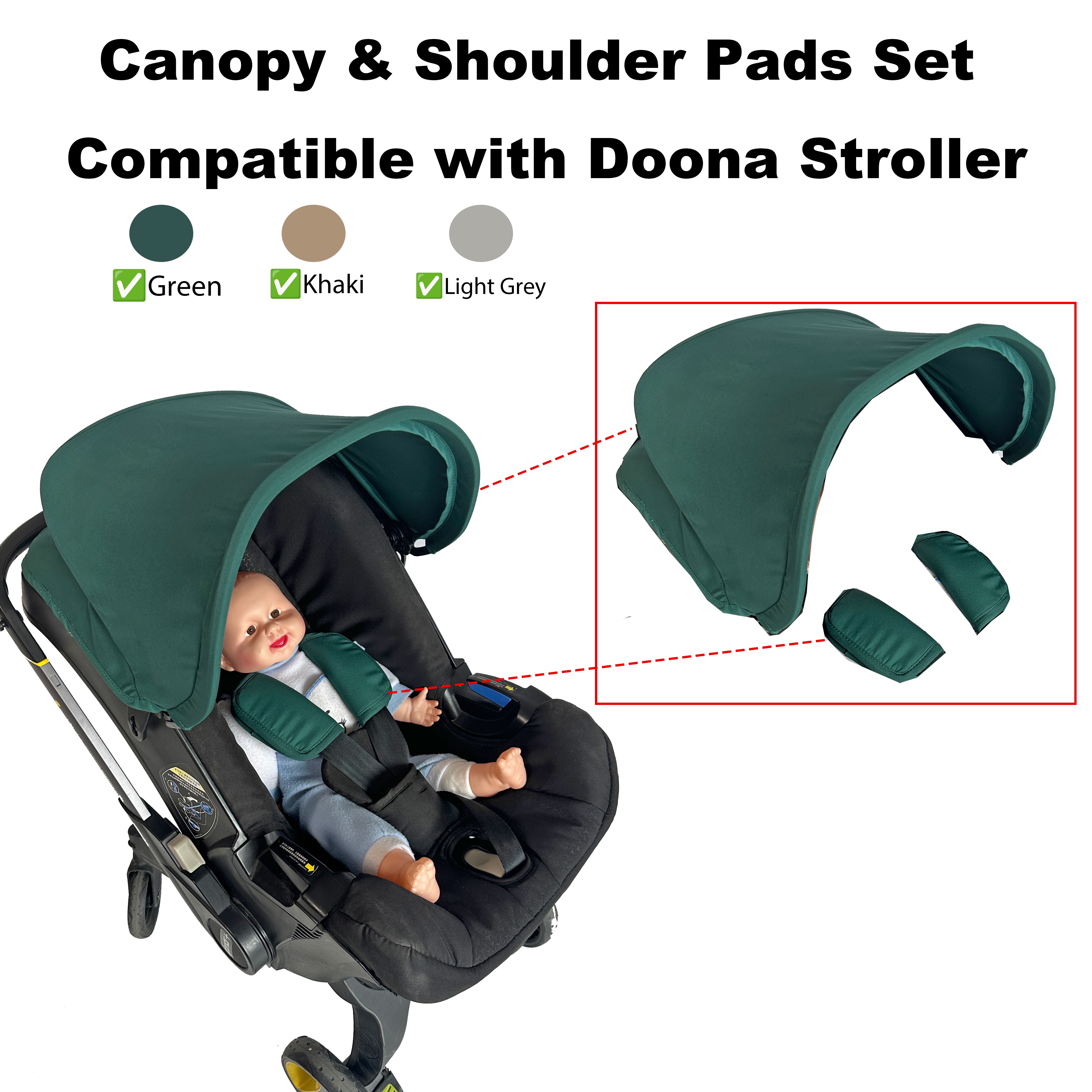 Untuk Kanopi & Bantalan Bahu Kereta Dorong Bayi Doona – Cocok untuk Doona+ / Kursi Mobil, Pelindung Matahari, Abu-abu/Khaki/Hijau