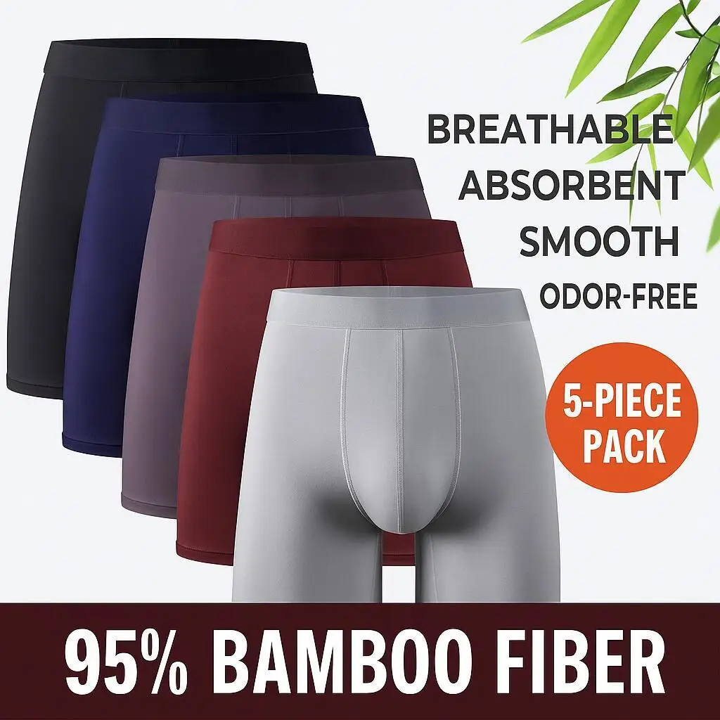 5pcs 95% Bamboo Fiber 5% Spandex Men's Length Long Leg Boxer Classic Design Comfortflex Waistband Underwear Man Sports