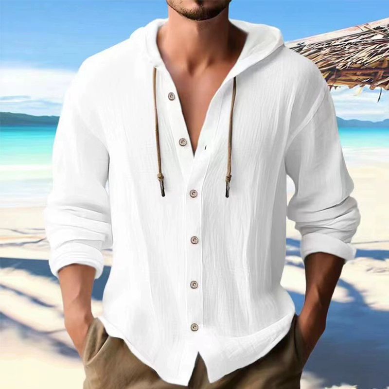 Heren linnen overhemd effen streetwear lange mouw hoodie vest kleding voor mannen knop tops casual losse heren shirt met capuchon