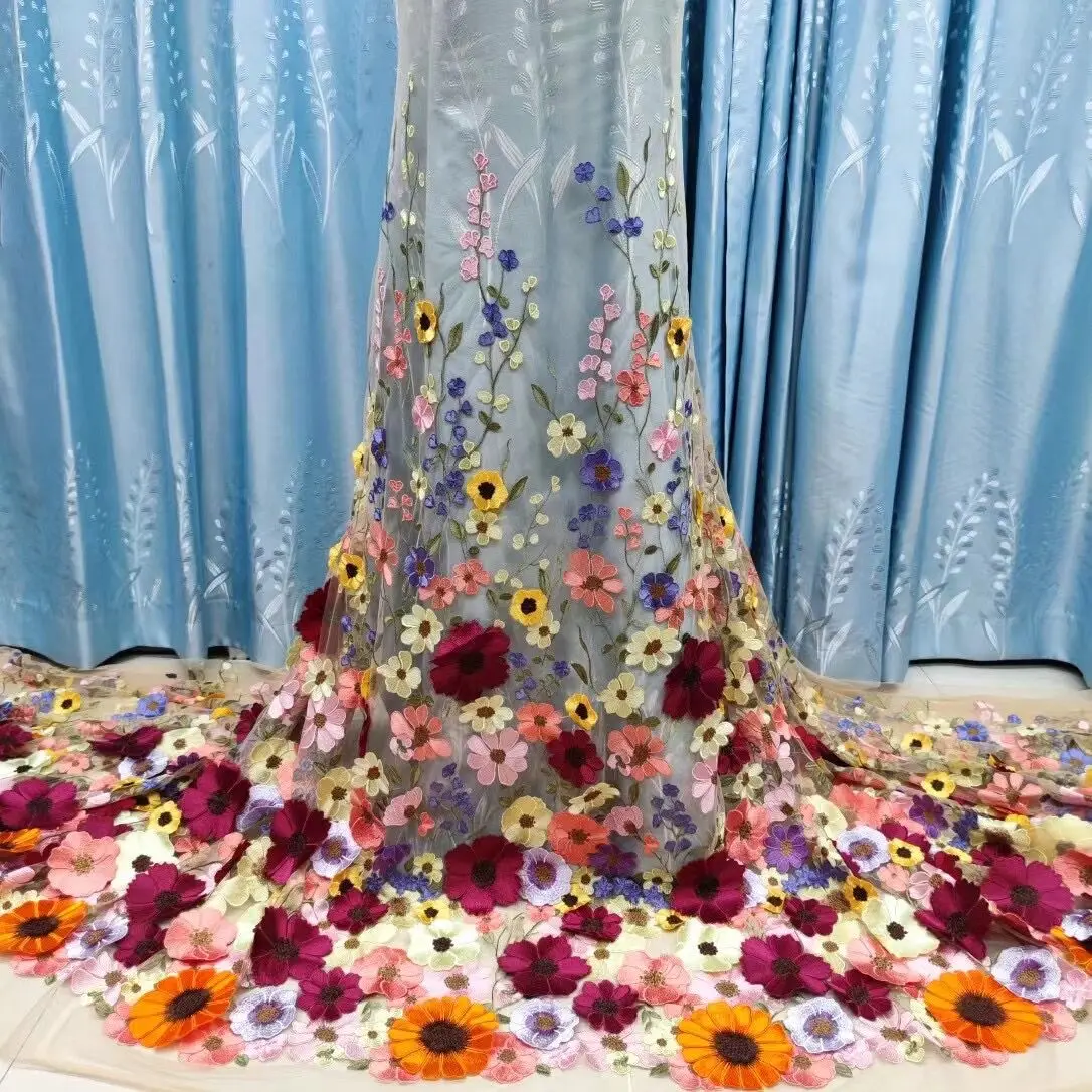 5 Yards 3D-Blumen in lila französischer Spitzenstoff, hochwertiger Spitzennetz, afrikanischer Spitzenstoff mit Perlen, Spitzenstoffe, Hochzeitsfeier