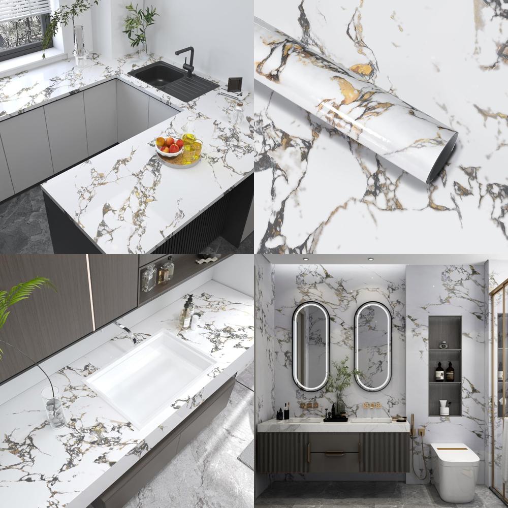 Gold Veins Marble Contact Paper Peel and Stick for Countertops and Kitchen Granite Wallpaper Adhesive Vinyl Laminate, 16x591 Inc
