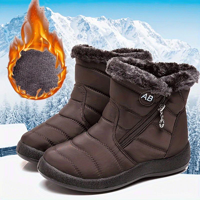 Wintersneeuw enkellaarzen, volledig diepe, pluizige pluche binnenvoering, diagonale ritssluiting aan de zijkant met decoratieve ringtrekker, koude buitenschoenen