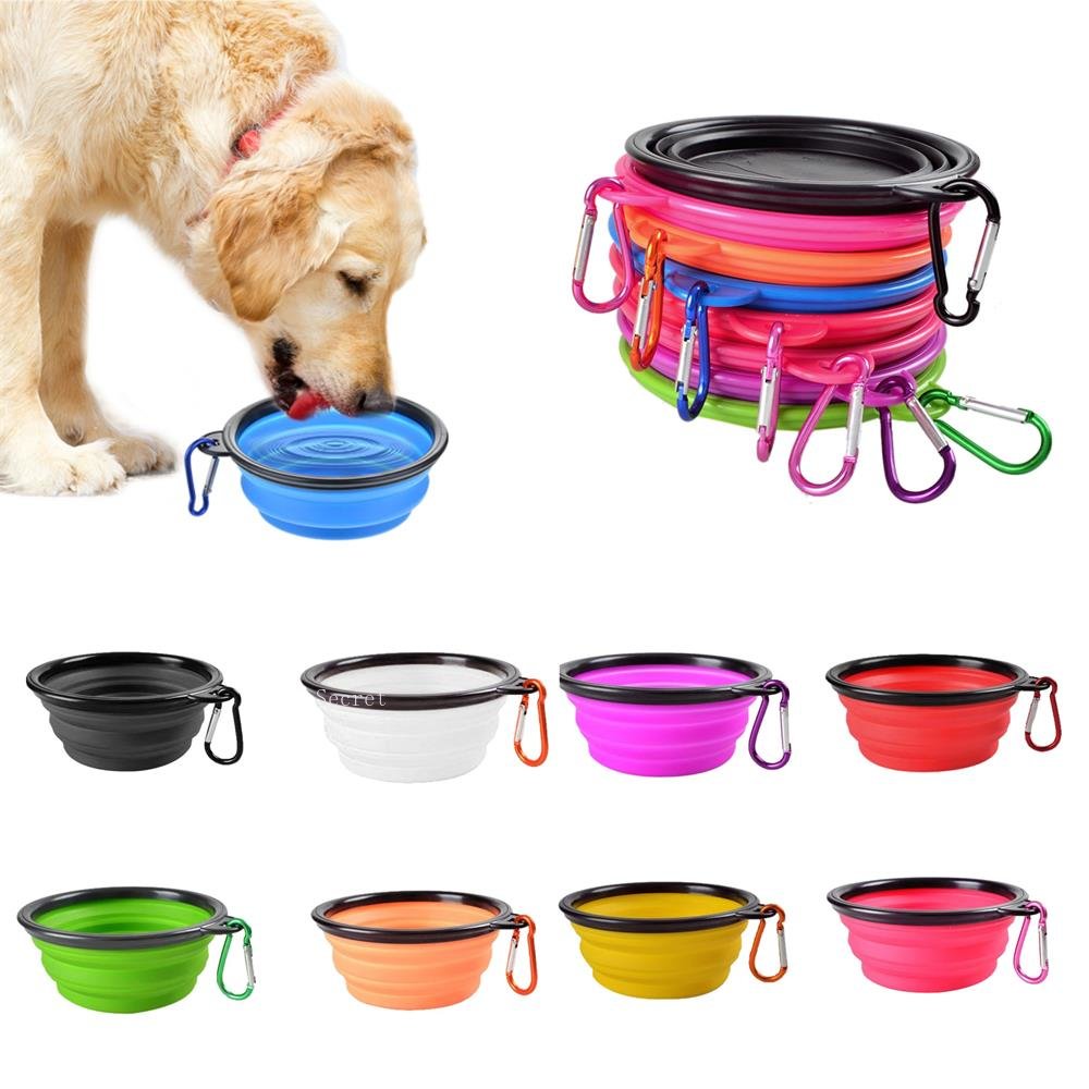 Cuenco plegable de silicona para comida de perro, cuenco de agua para acampar al aire libre, suministros plegables portátiles para viajes, platos con mosquetón