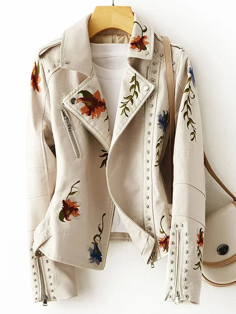 Novo casaco de couro feminino retro floral impressão bordado falso jaqueta de couro macio turndown colarinho pu moto biker preto punk outerwear