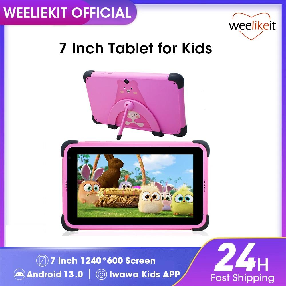 Weelikeit 7 Zoll Kinder Tablets Android 13 1024*600 HD Ouad Core Dual Wifi 2GB 32GB Kinder Tablet für Kinder lernen mit Halter