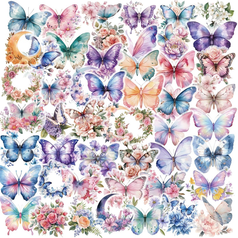 50 Buah Stiker PET Kupu-kupu Warna Kawaii Dekorasi Estetika Alat Tulis Scrapbooking Perlengkapan Akuntansi Tangan DIY