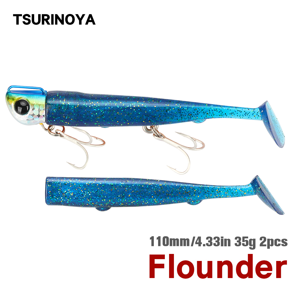 TSURINOYA Jig Head Long Casting T Tail Soft Lure Set 110mm 35g 2 Stück Lockenkörper Seebarsch Flunder Salzwasser sinkender Angelköder