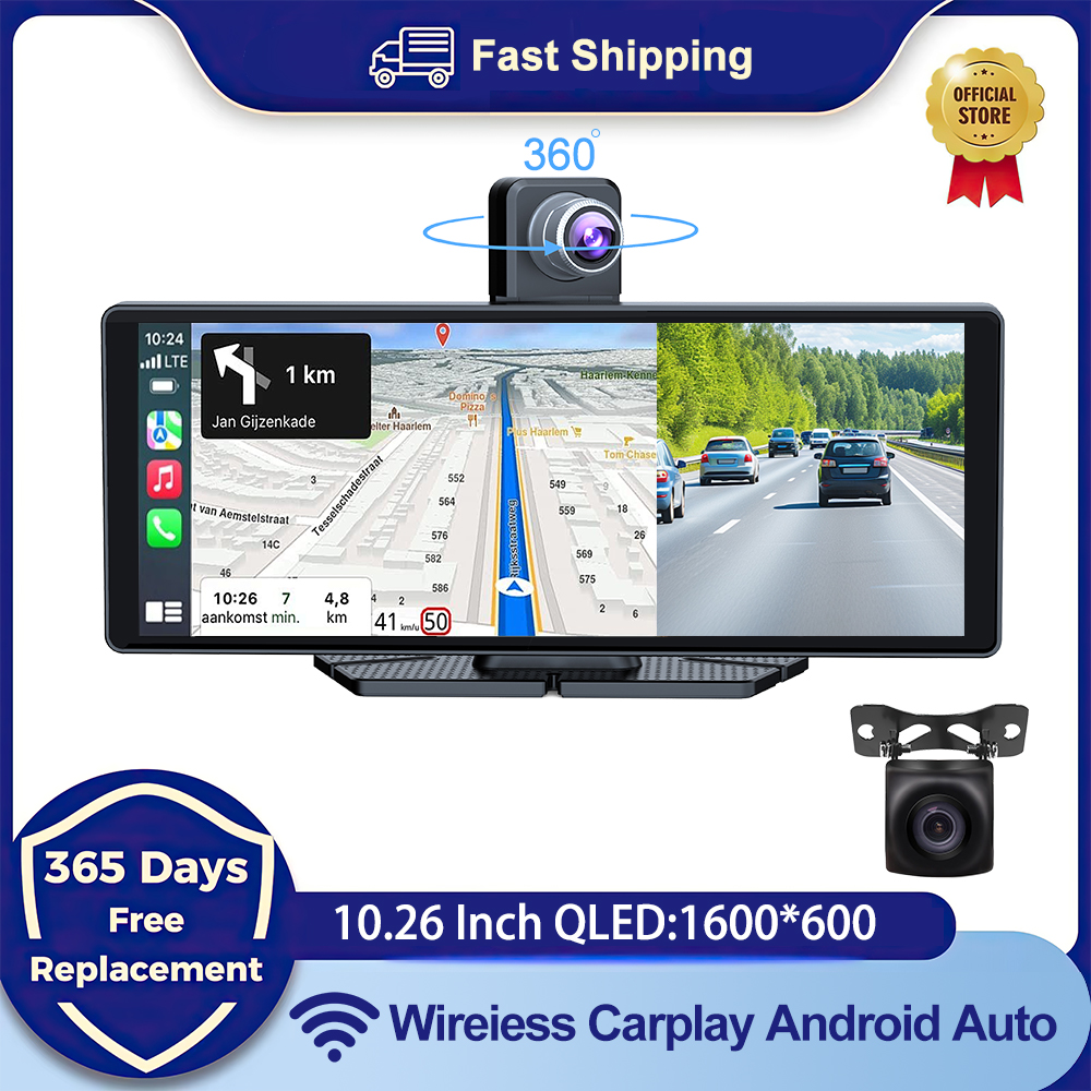 Kamera dasbor mobil DVR Universal 10.26 ", kamera cerdas mobil 4K 360 ° putar, kamera dasbor nirkabel untuk Mobil & Android Auto Bluetooth WIFI pembalik belakang