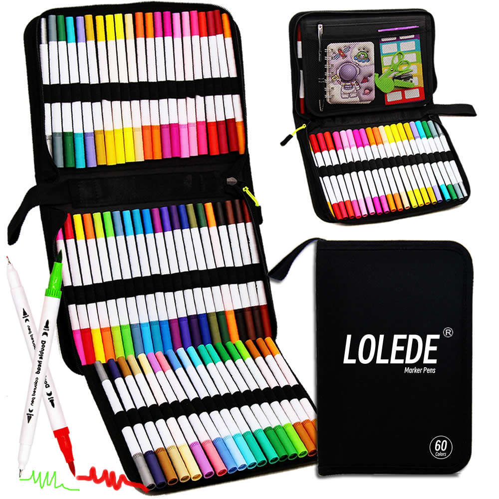 Lolede ปากกาหัวคู่60สี, หัวปลายปากกาอุปกรณ์ศิลปะชุดปากกาสีเครื่องเขียนปากกาเขียนโรงเรียนสำนักงาน