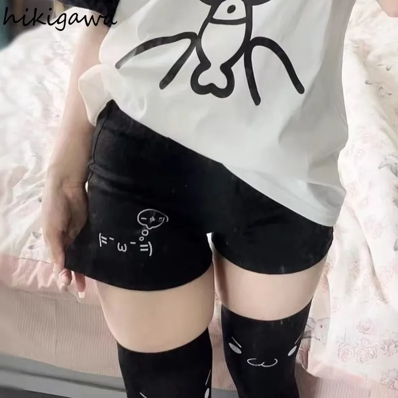 여성용 코튼 반바지 블랙 여름 Pantalones Cortos De Mujer 인쇄 일본 패션 캐주얼 귀여운 바지 2024 New Bottoms 27x232