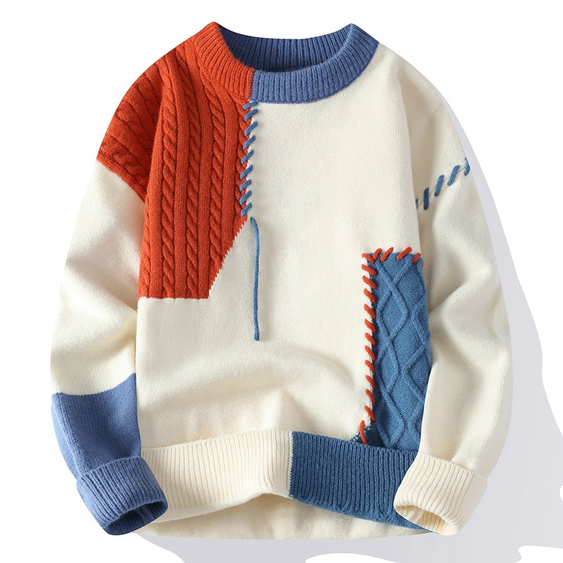 Nuevo Otoño Invierno hombres jerseys con cuello redondo suéteres de punto empalme suéteres casuales de alta calidad masculino jerseys sueltos ropa 4XL