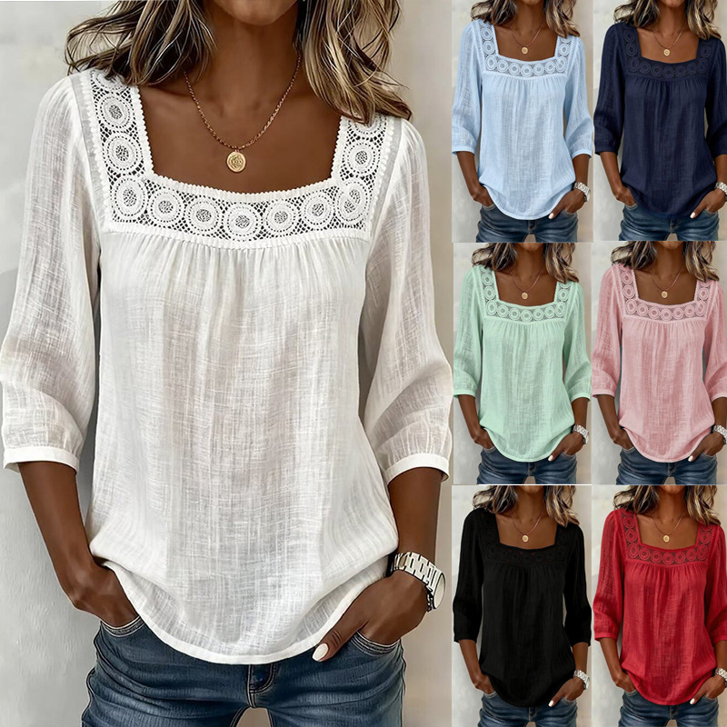 Chemisier chic décontracté pour femme, col carré, dentelle, manches 3/4, coton et lin, couleur unie – Collection été 2026