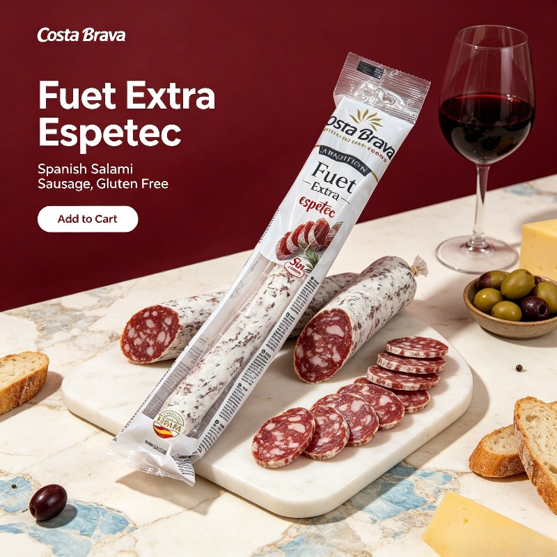 Salami Español Extra Espetec de la Costa Brava, Salchicha de Cerdo Curada y Secada al Aire, Sin Gluten, para Tapas Mediterráneas y Charcutería