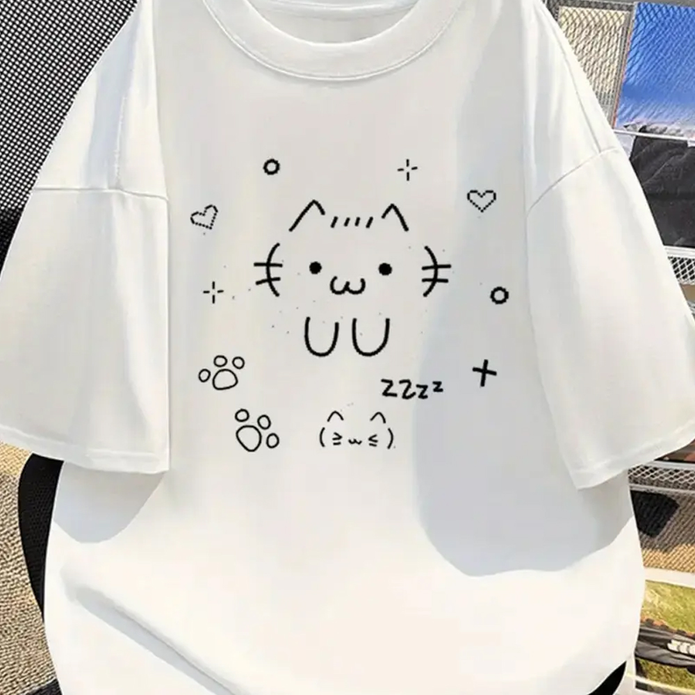 UU-Camiseta con estampado de dibujos animados, pantalón corto informal, camiseta blanca de manga corta, estilo de verano de gato bonito, juguetón y cómodo Y2K