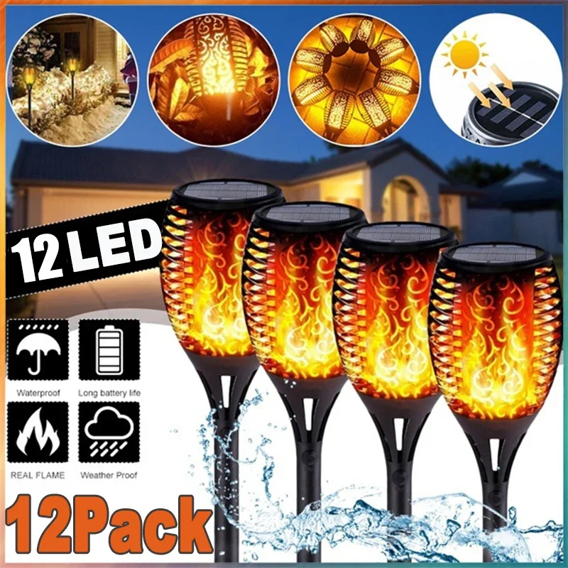 1-12 pièces 12LED flamme solaire torche lumière scintillante lumière étanche décoration de jardin extérieur pelouse chemin cour Patio lampadaire