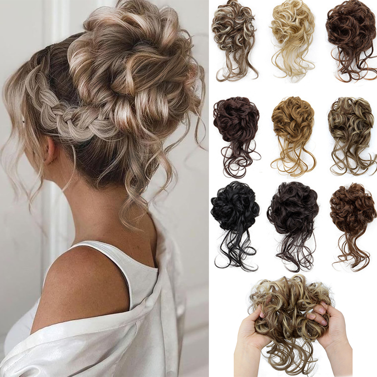 Cabelo sintético encaracolado de 8 polegadas com elástico, coque elegante e desgrenhado, fofo e fácil de manter, adequado para uso diário.