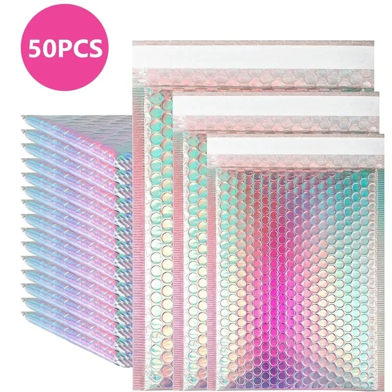 50 Uds. Embalaje de envío, suministros holográficos de oro rosa para pequeñas empresas, bolsas de correo de burbujas de Metal, sobres para correo, oficina y escuela