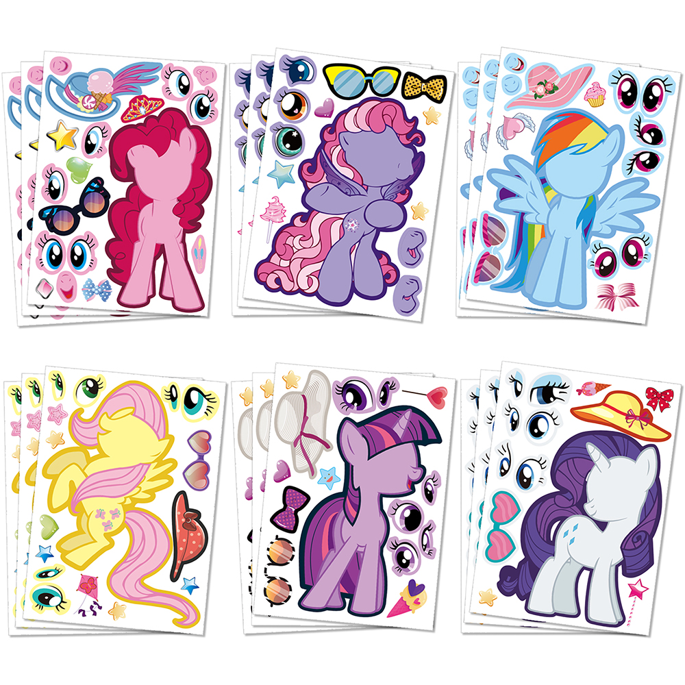Pegatinas de rompecabezas de poni DIY para niños y niñas, juego de dibujos animados de unicornio lindo, juguetes de ensamblaje creativo, 6 o 12 hojas